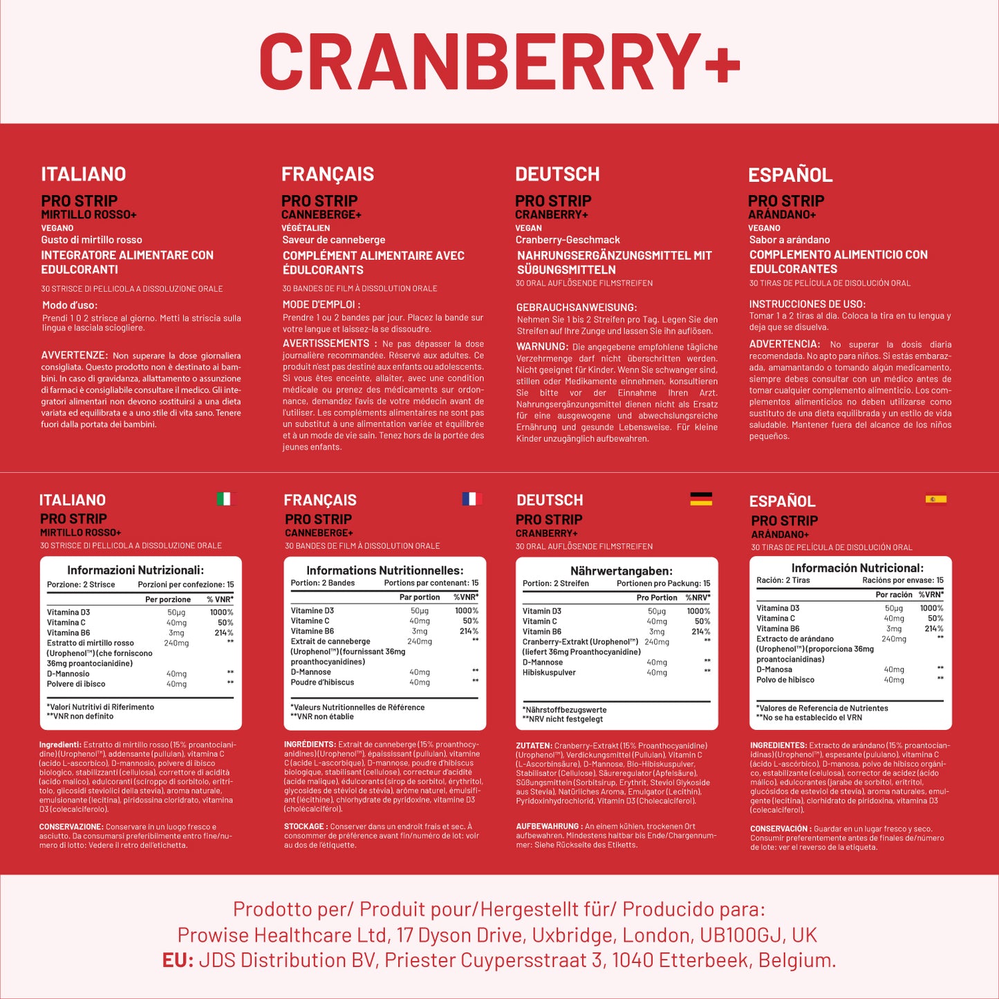 PROSTRIP®️ CRANBERRY+ Urophenol™ Providing 36 mg Proanthocyanidins (PACs) 30 Oral Vegan Strips – No water Needed