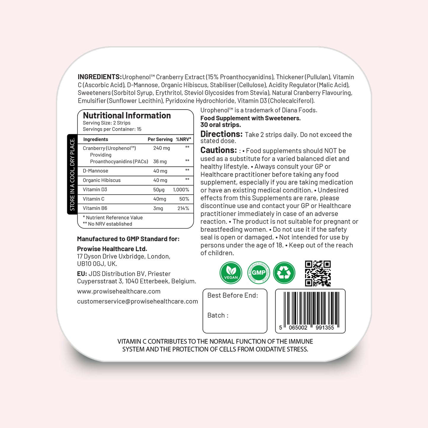 PROSTRIP®️ CRANBERRY+ Urophenol™ Providing 36 mg Proanthocyanidins (PACs) 30 Oral Vegan Strips – No water Needed